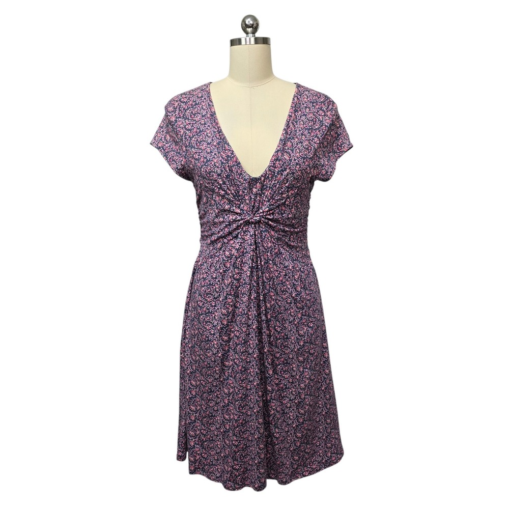 Garnet Hill Floral Dress Size 6 Twist Front Short Sleeve V Neck Navy Pink